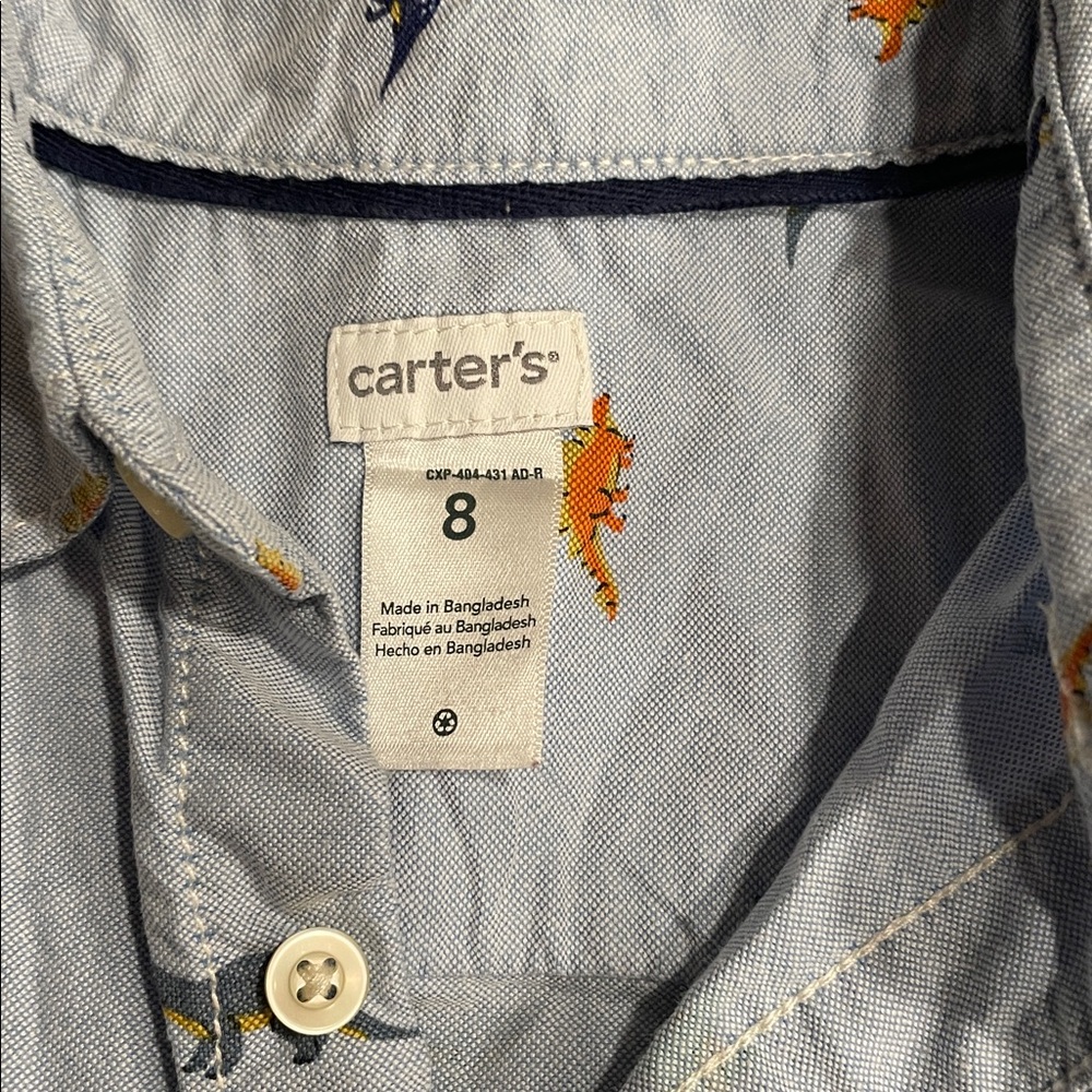 Boys Button-down Shirt Carter's cotton blue Collared dinosaur print T Rex size 8 - Picture 2 of 6